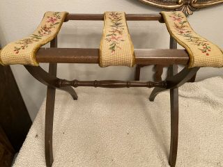 Vtg Folding Scheibe Wood Suitcase Stand W Embroidered Tapestry Straps