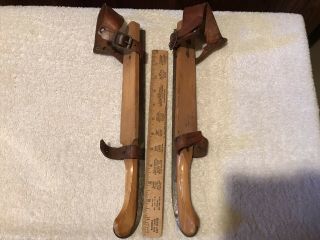 Vintage Wooden Ice Skates With Iron Blade And Leather Straps