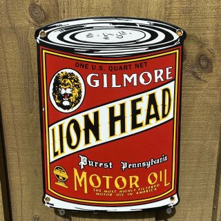 Vintage Gilmore Motor Oil Can Porcelain Sign Service Station Gas Lion Head Pa