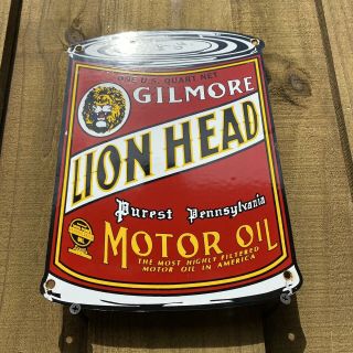 VINTAGE GILMORE MOTOR OIL CAN PORCELAIN SIGN SERVICE STATION GAS LION HEAD PA 2