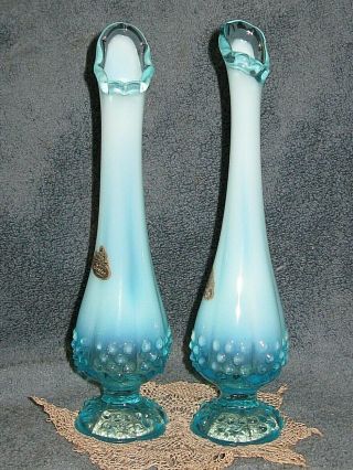 2 Vtg Fenton Swung Hobnail Glass Bud Vase 10 1/2 " Opalescent Aqua Blue Bluenique