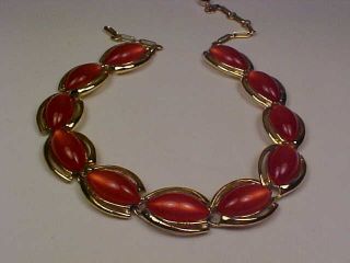 Vintage Signed Coro Goldtone/Red Thermoset Necklace/Bracelet/Earrings Set 3