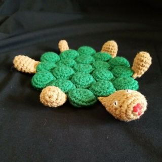 Vtg Handmade Crochet Bottle Cap Pot Holder Turtle Green Brown