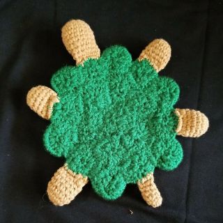 Vtg Handmade Crochet Bottle Cap Pot Holder TURTLE green brown 3