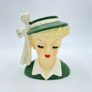 Napco Lady Head Vase Planter C2633b Lucy Lucille Ball Green Hat 1956 Vintage