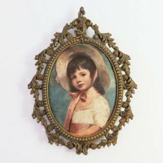 Vintage Brass Filigree Framed Silk Oval Decorative Print Art,  Little Girl,  Italy