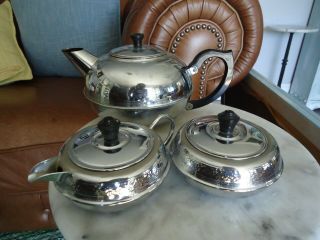Vintage Britdis Chrome Tea Set Teapot Zealand 6 Cup Milk Jug Sugar Bowl