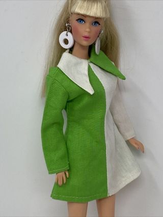 Vintage Clone Barbie Clothes Doll Outfit Mod Era Green And White Mini Dress