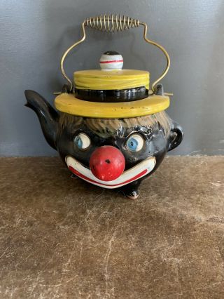 Vintage Thames Teapot Black Clown Face Hand Painted Japan 1950s Redware