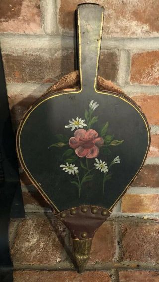 Vintage Bellow Blower Fire Black Leather Floral Brass Tacks Fireplace 16x8”