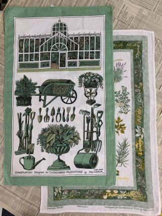 Vintage Linen Tea Towels - Pat Albeck Pair “conservatory” And “garden Herbs”