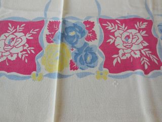 Mcm Vintage Cotton Tablecloth Pink Blue Yellow 51 " X 46 " Farmhouse Chic Floral