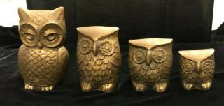 4 Vtg Heavy Solid Brass Owl Figurines Paperweights Diff Sizes Removeable Head