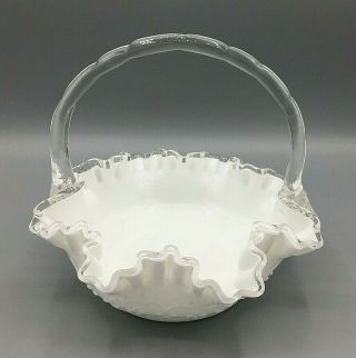 Vintage Fenton Milk Glass Basket Spanish Lace Silver Crest Ripple Rim