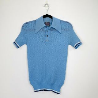 Vintage 70s Mens Polo Shirt Blue Knit Butterfly Long Collar Disco Size S