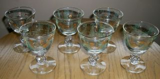 6 Vintage Mid Century Libbey Atomic Gold Aqua Fish Cordial Sherbet Glasses