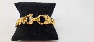 Vintage Nolan Miller Gold Tone Cuban Link Bracelet With Rhinestone & Ruby Ends