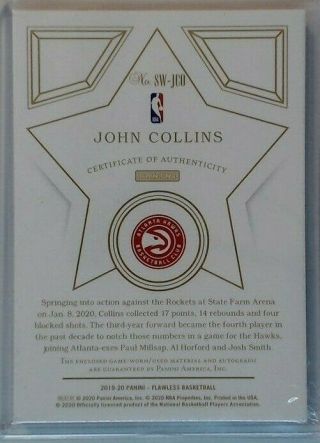 2019 - 20 Flawless John Collins Star Swatch Game Patch Auto 2/25 Hawks 2