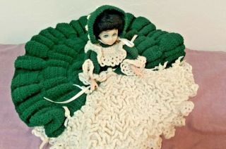 Vintage Hand Crochet Bed Pillow Doll (dark Green And Off White)