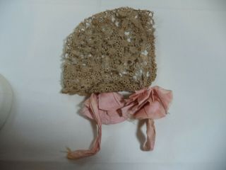 Antique/vntg Ecru Lace Bonnet,  Silky Pink Flower Ribbons/ties Looks To Be Tatted