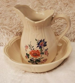 Vintage Mccoy Pottery Floral Water Pitcher And Bowl Set 7529 Usa
