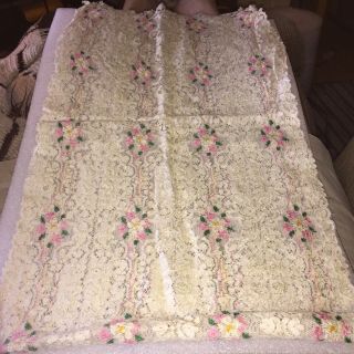 Vintage Lace Table Runner With Pink & Green Embroidered Flowers 13” By 42”