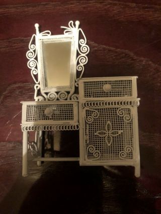 Vintage Dollhouse Miniatures Furniture White Metal Wicker Vanity With Chair 2