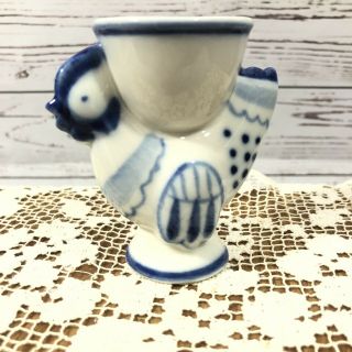 Vintage Chicken Blue White Porcelain Egg Cup Signed Handmade In Ussr