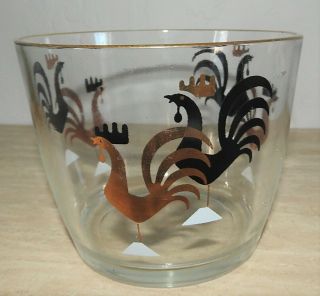 Vintage Mid Century Modern Glass Ice Bucket Black And Gold Rooster Design Euc