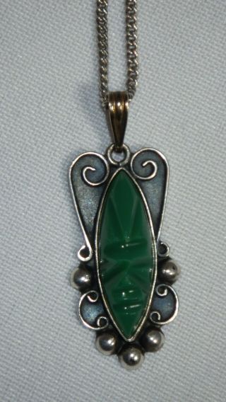Vintage Mexican Sterling Silver Green Carved Face Aztec Pendant & Necklace