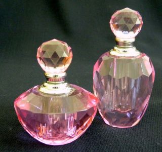 Pair Art Deco Vintage Designer Oleg Cassini Mini Pink Faceted Perfume Bottles