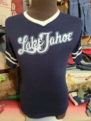 Vtg 1970s 80s Lake Tahoe Script Ski California Soft V Neck Raglan Jersey T Shirt
