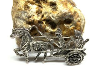 Vintage Art Deco Sterling Silver Marcasites Horse Carriage Brooch Pin (16.  9g)