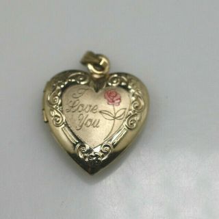 Vintage 14k Yellow Gold Filled I Love You Heart Shaped Etched Rose Photo Locket