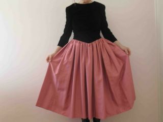 Vintage 80s Black Velvet Pink Shantug Maxi Formal Prom Dress Small Medium