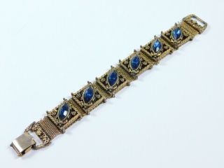 Vtg Antiqued Gold Tone Victorian Revival Mesh Rhinestone Bracelet Blue Glass