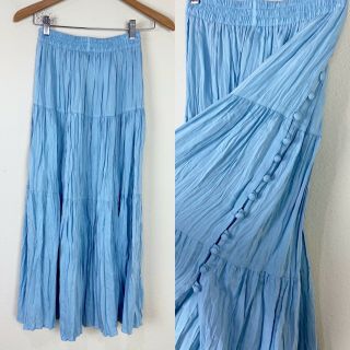Holes Vtg 90s Pastel Blue Tiered Broomstick Skirt Xs Elastic High Waist Button