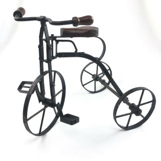 Vintage Toy Tricycle Doll Size Large Metal Wrought Iron W/ Wood Seat & Handles