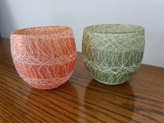 Set Of 2 Vintage Color Craft Spaghetti String Roly Poly Glasses Orange Green