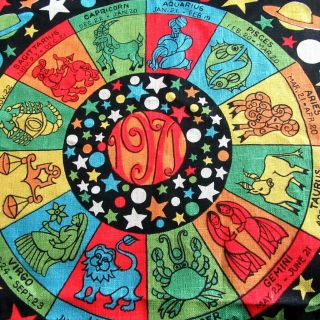 Vtg Linen Zodiac Signs Wheel Psychedelic Saturn 1971 Calendar Tea Kitchen Towel