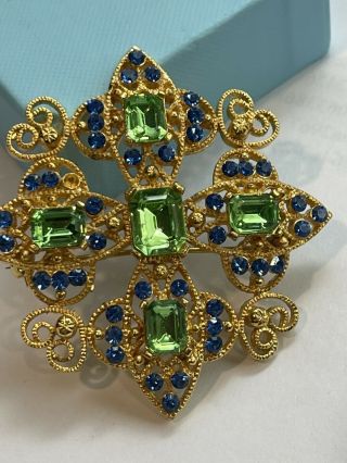 Vintage Large Colorful Glass Green Blue Maltese Cross Brooch 2 1/4 Inch