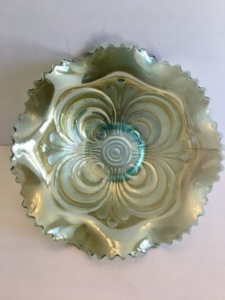 Vtg Imperial Lenox Carnival Glass Bowl Ice Blue Iridescent Scrolled Embossed 8 "