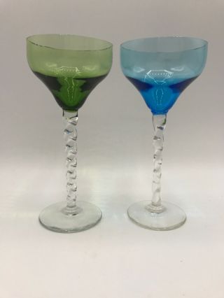 2 Vintage Green & Turquoise Blue Twisted Stem Cordial Liquor Wine Glasses 2oz.