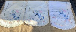 3 Vintage Southern Bell Hand Embroidered And Crochet Edge Table Runners