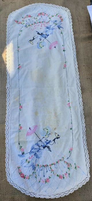 3 Vintage Southern Bell Hand Embroidered And Crochet Edge Table Runners 2