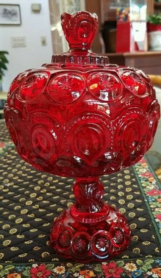 Vintage Le Smith Ruby Red Moon & Stars Candy Dish With Lid.