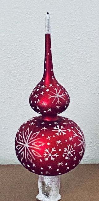 Vtg Christmas Classic Tree Topper Frosted Glass Red With White Stars 10 1/2 "