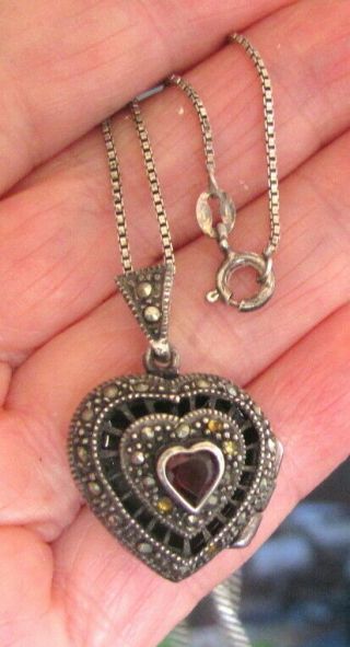 Vtg Sterling Silver Marcasite Garnet Heart Locket Pendant Necklace 18 " Necklace