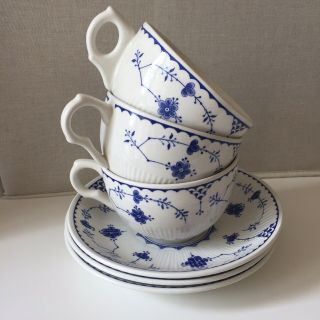 Vintage 3 X Furnivals Blue & White Denmark Pattern Cups & Saucers Cup Size 10cm