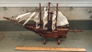 Large Vtg 20 " Solid Wood Ship Model W/ Cloth Sails - On Wood Stand